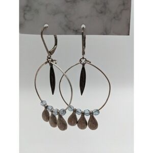 Silver Tone Beaded Hoop Earrings Blue Crystal Teardrop Leaf Charm Leverback Boho